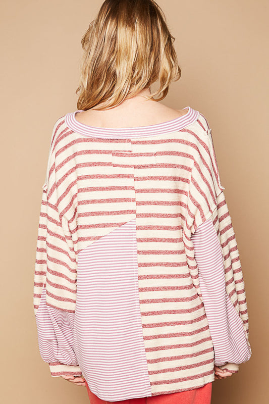 POL V-Neck Balloon Striped Thermal Top - Red Multi on Simply Obsessed