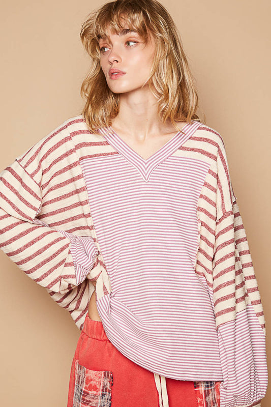 POL V-Neck Balloon Striped Thermal Top - Red Multi on Simply Obsessed