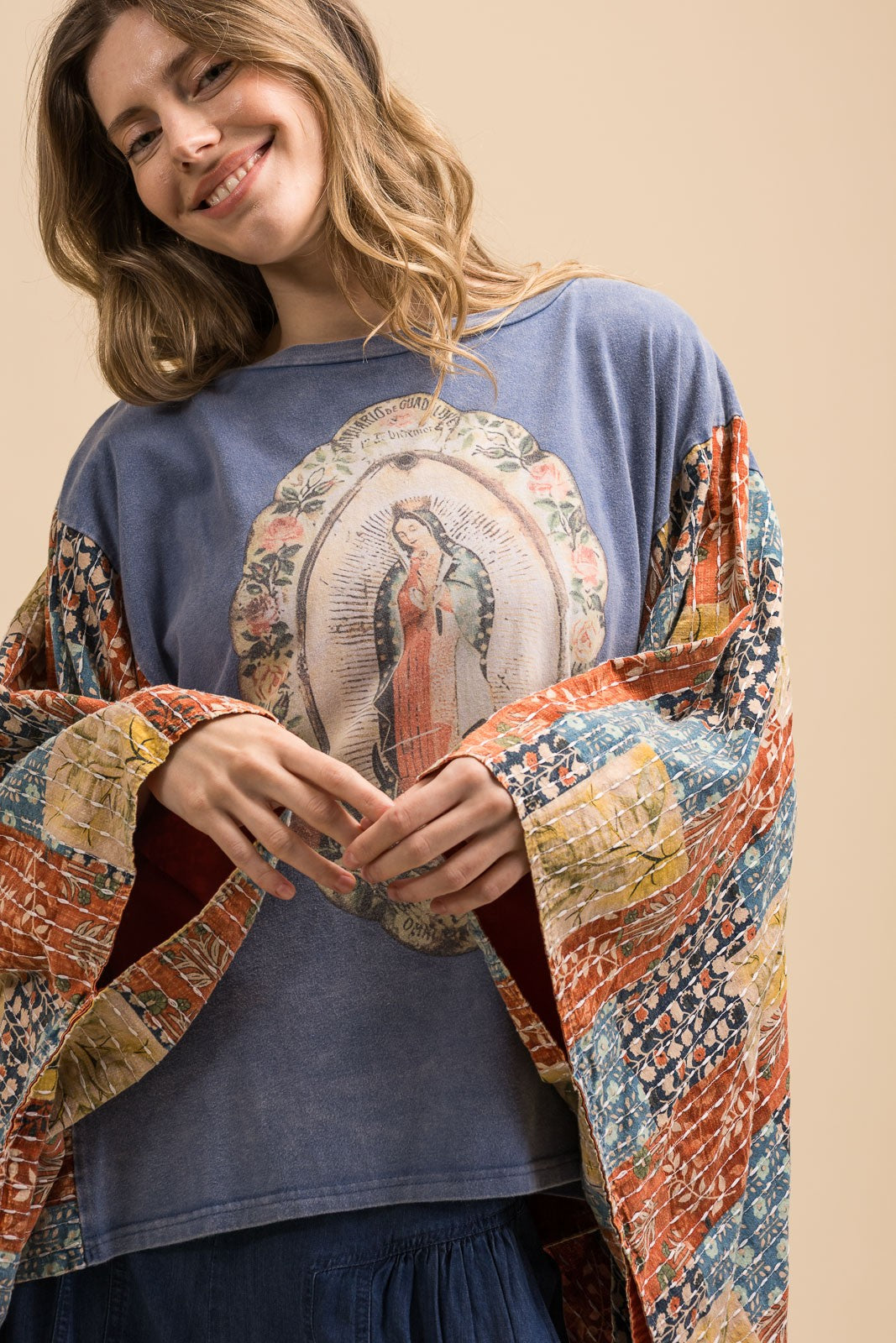 BLUE VELVET Virgin Mary Print Kantha Poncho Top. **VEGAS LIVE***