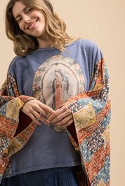 BLUE VELVET Virgin Mary Print Kantha Poncho Top. **VEGAS LIVE***