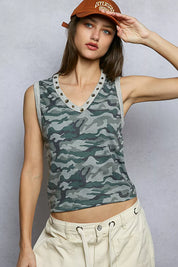 POL Studded Camouflage V-Neck Cropped Tank on Simply Obsessed