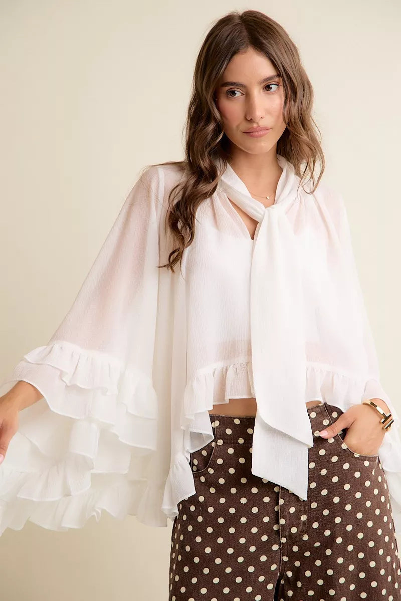 SO ME Sheer Ruffle Bell Sleeves Bow Tie Flowy Blouse Top on Simply Obsessed