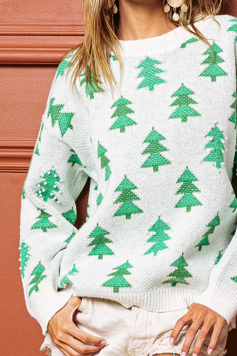 BiBi Pearl Beads Tree Pattern Christmas Sweater on Simply Obsessed