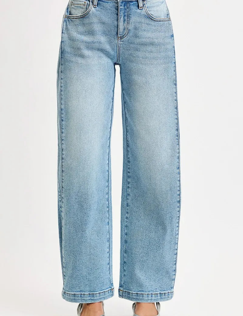 RISEN Mid Rise Wide Barrel Transferable Leg Snap Jeans on Simply Obsessed