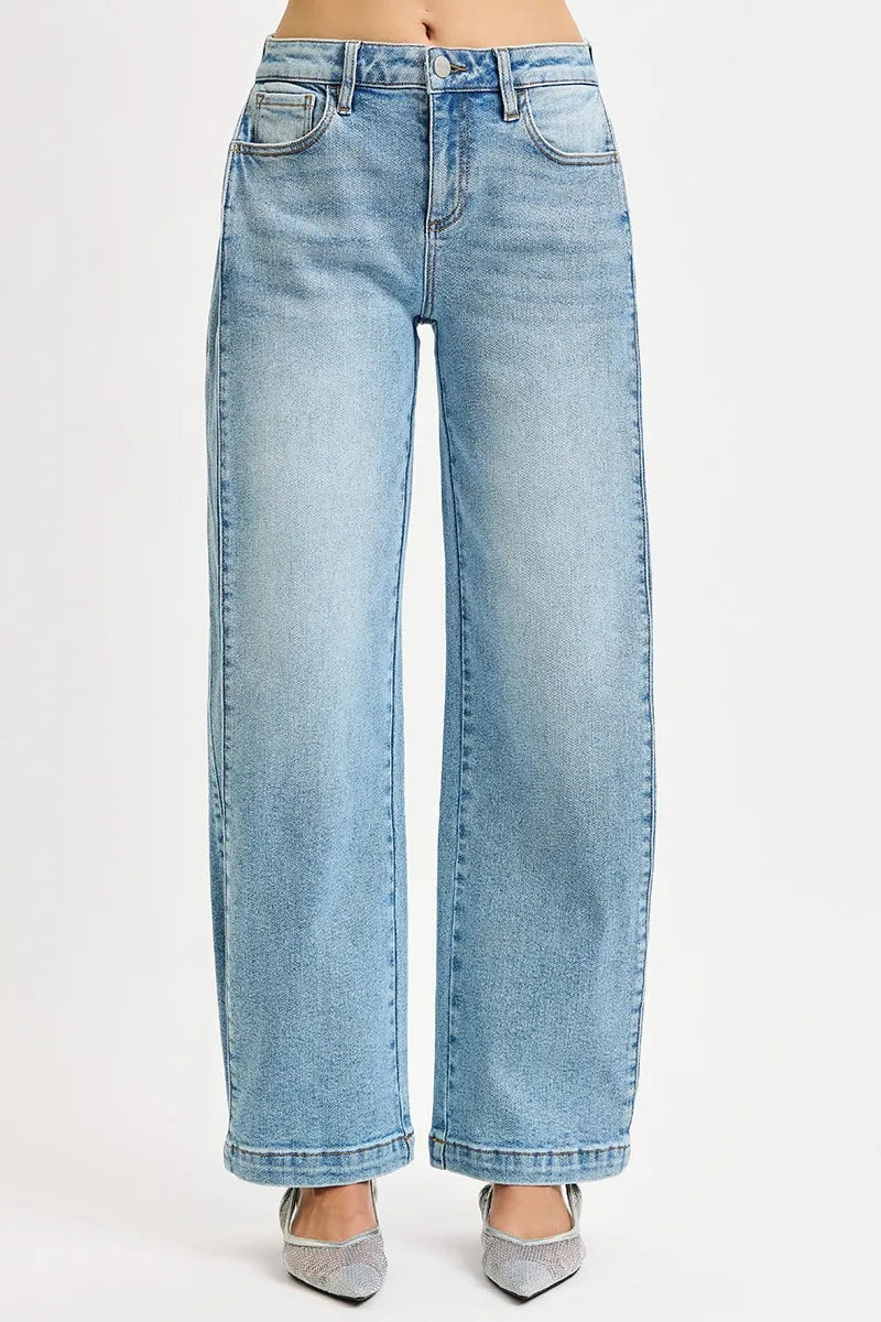 RISEN Mid Rise Wide Barrel Transferable Leg Snap Jeans on Simply Obsessed