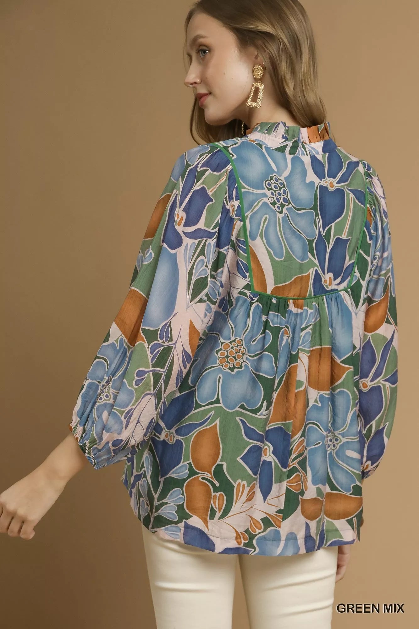 Umgee Multicolor Abstract Floral Print Blouse with Ruffle Neck on Simply Obsessed