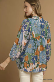 Umgee Multicolor Abstract Floral Print Blouse with Ruffle Neck on Simply Obsessed