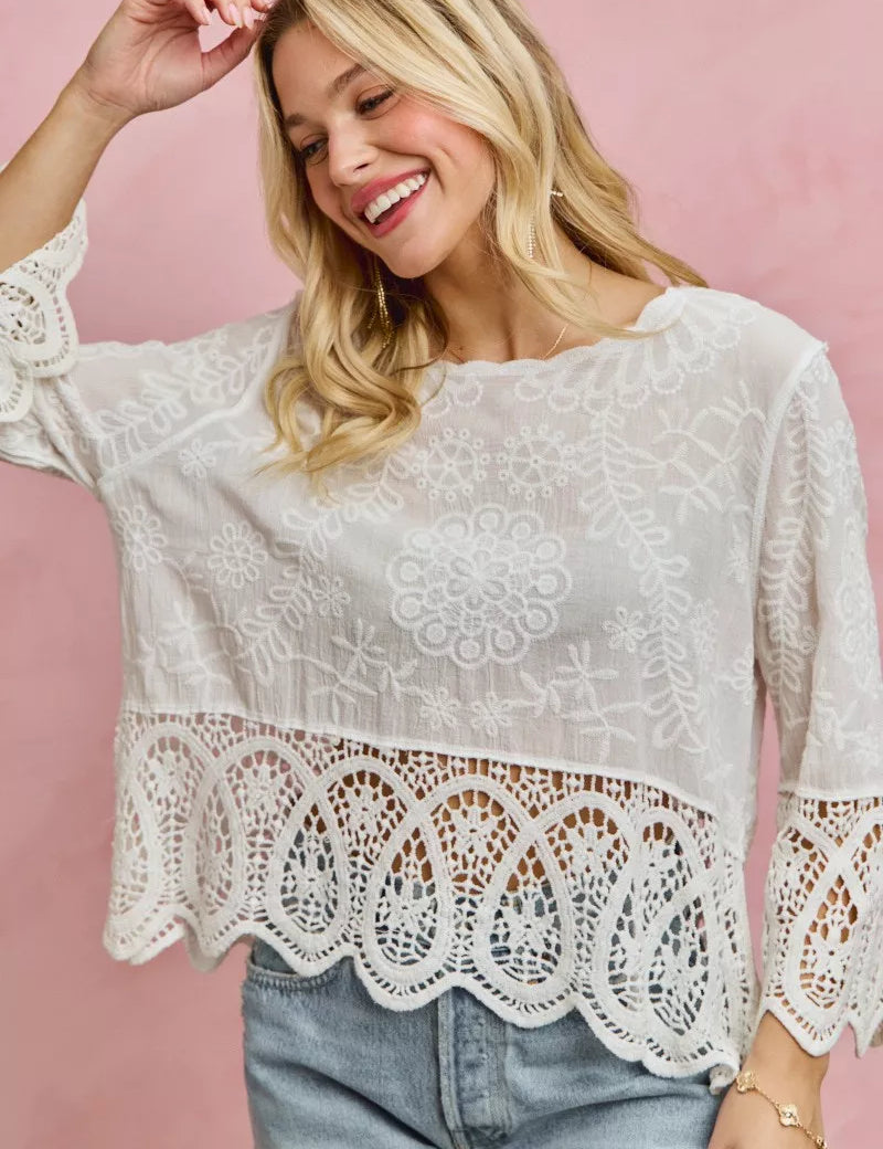SO ME Floral Embroidered Crochet Lace Trimmed Top **DOORBUSTER** on Simply Obsessed