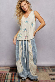 POL Floral Print Star Patch V-Neck Ribbed Tank on Simply Obsessed