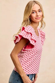 BiBi Heart Patterned Knit Ruffled Sleeves Top on Simply Obsessed