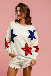 BiBi Velvet Sequin Star Patches Sweater Top on Simply Obsessed