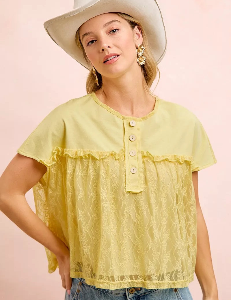 BIBI Solid Jersey With Lace Combo Ruffled Buttoned Top on Simply Obsessed