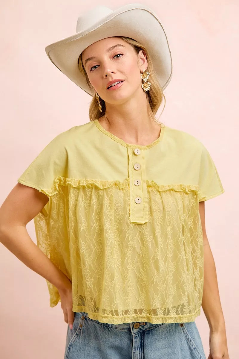 BIBI Solid Jersey With Lace Combo Ruffled Buttoned Top on Simply Obsessed