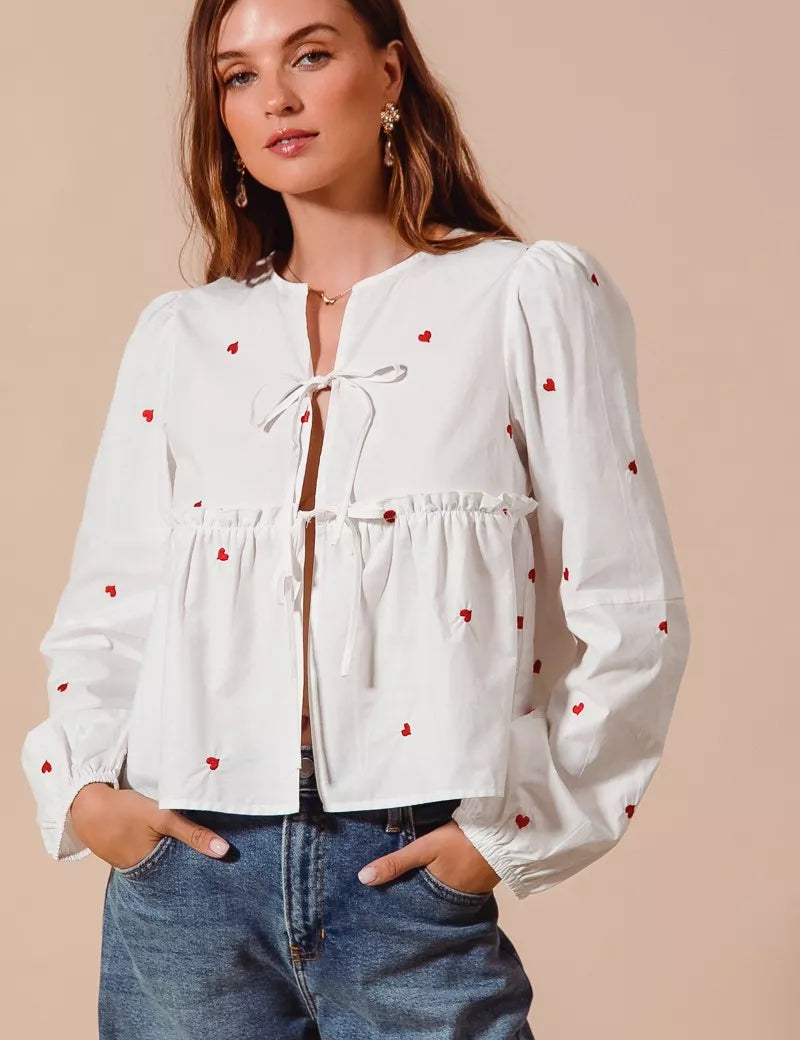 SO ME Front Tie Heart Embroidered Blouse With Puff Sleeve on Simply Obsessed