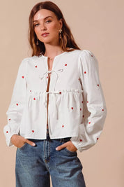 SO ME Front Tie Heart Embroidered Blouse With Puff Sleeve on Simply Obsessed
