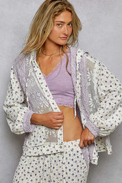 POL Floral Balloon Sleeve Hooded Lace Jacket with Stitch Detail on Simply Obsessed