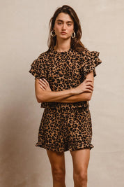 BIBI Leopard Print Waffle Texture Layered Ruffle Sleeve Top and Shorts Set on Simply Obsessed