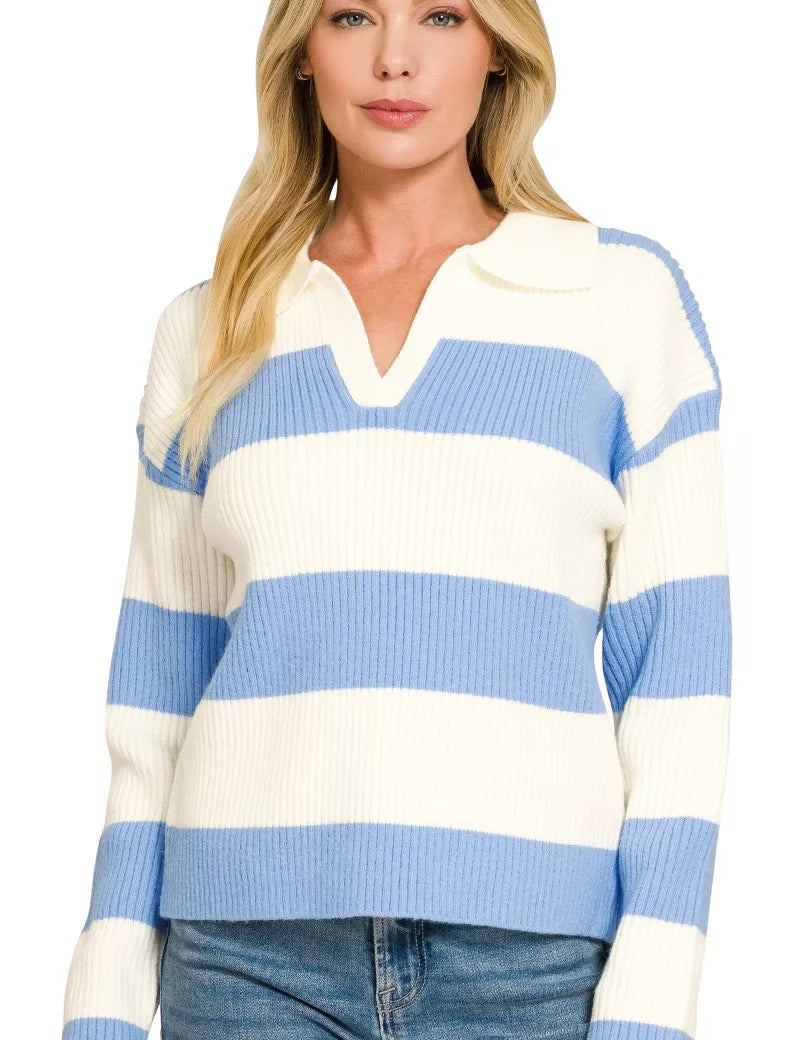 ZENANA Striped Collared Sweater on Simply Obsessed