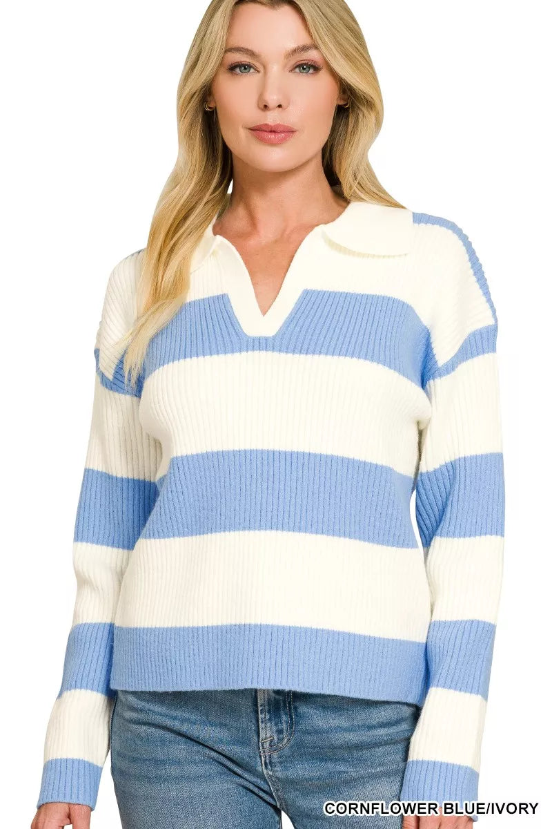 ZENANA Striped Collared Sweater on Simply Obsessed