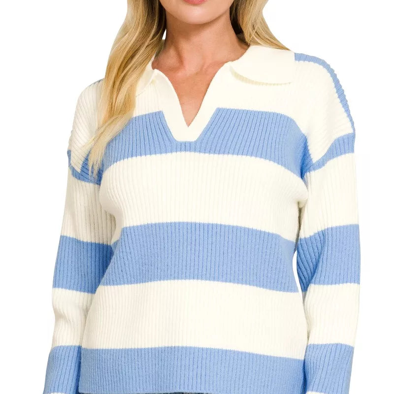 ZENANA Striped Collared Sweater on Simply Obsessed
