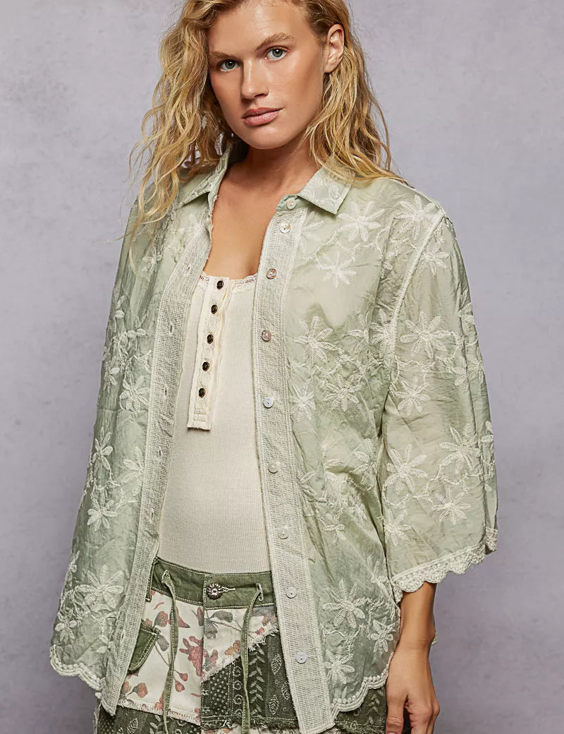 POL Embroidered Floral Collared Neck Shirt with Scalloped Edges on Simply Obsessed
