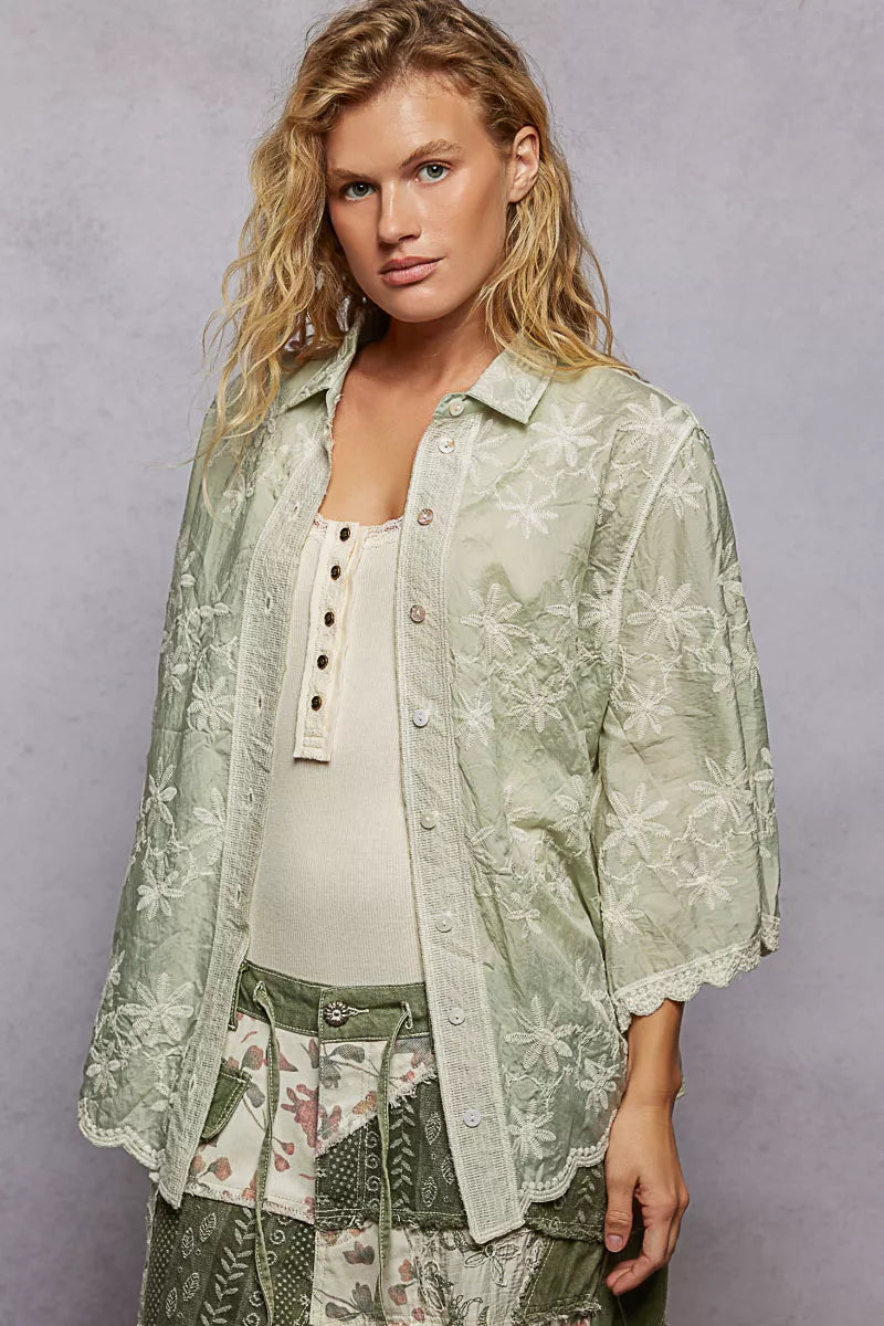 POL Embroidered Floral Collared Neck Shirt with Scalloped Edges on Simply Obsessed