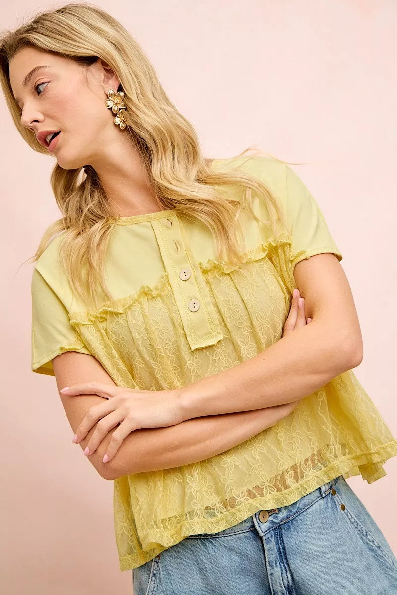 BIBI Solid Jersey With Lace Combo Ruffled Buttoned Top on Simply Obsessed