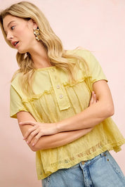 BIBI Solid Jersey With Lace Combo Ruffled Buttoned Top on Simply Obsessed
