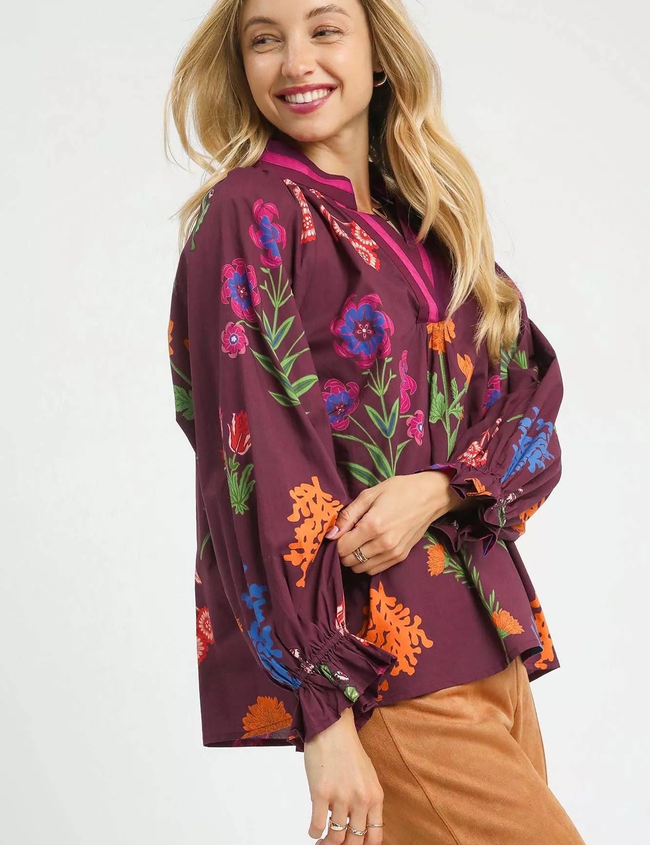 UMGEE Floral Print Flounce Sleeve Blouse on Simply Obsessed