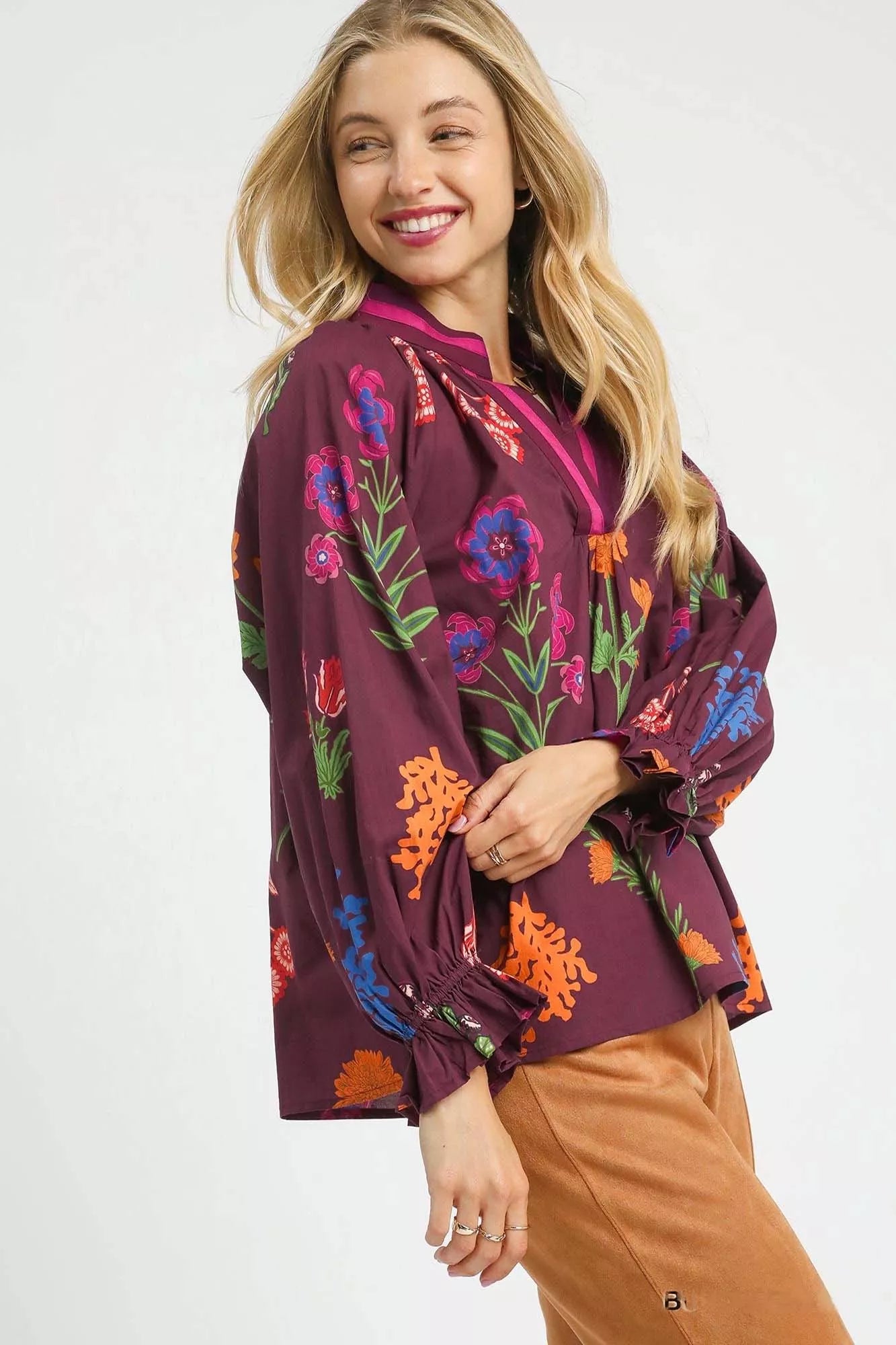 UMGEE Floral Print Flounce Sleeve Blouse on Simply Obsessed