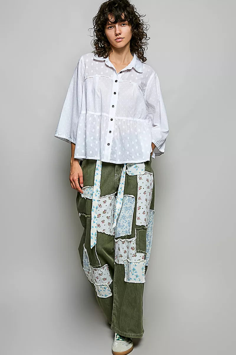 POL Tonal Dot Weave Textured Button Front Shirt on Simply Obsessed