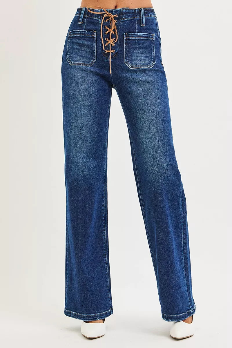 RISEN Full Size High Rise Wide Leg Jeans with Front Tie Detail Plus Size on Simply Obsessed
