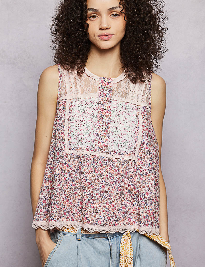 POL Printed Woven Lace Back Round Neck Sleeveless Top **SALE** on Simply Obsessed