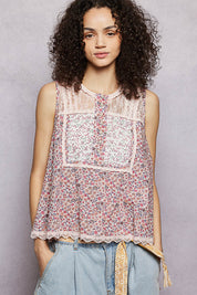 POL Printed Woven Lace Back Round Neck Sleeveless Top **SALE** on Simply Obsessed