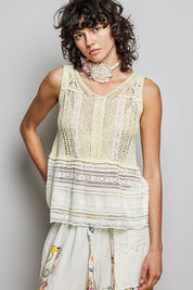 POL V-Neck Crochet Sweater Vest with Lace Trim on Simply Obsessed