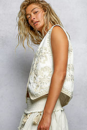 POL Embroidered Floral V-Neck Button Down Crochet Vest on Simply Obsessed