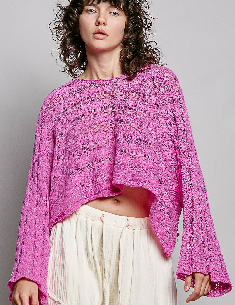 POL Round Neck Cropped Sweater Knit Top - BERRY PINK on Simply Obsessed