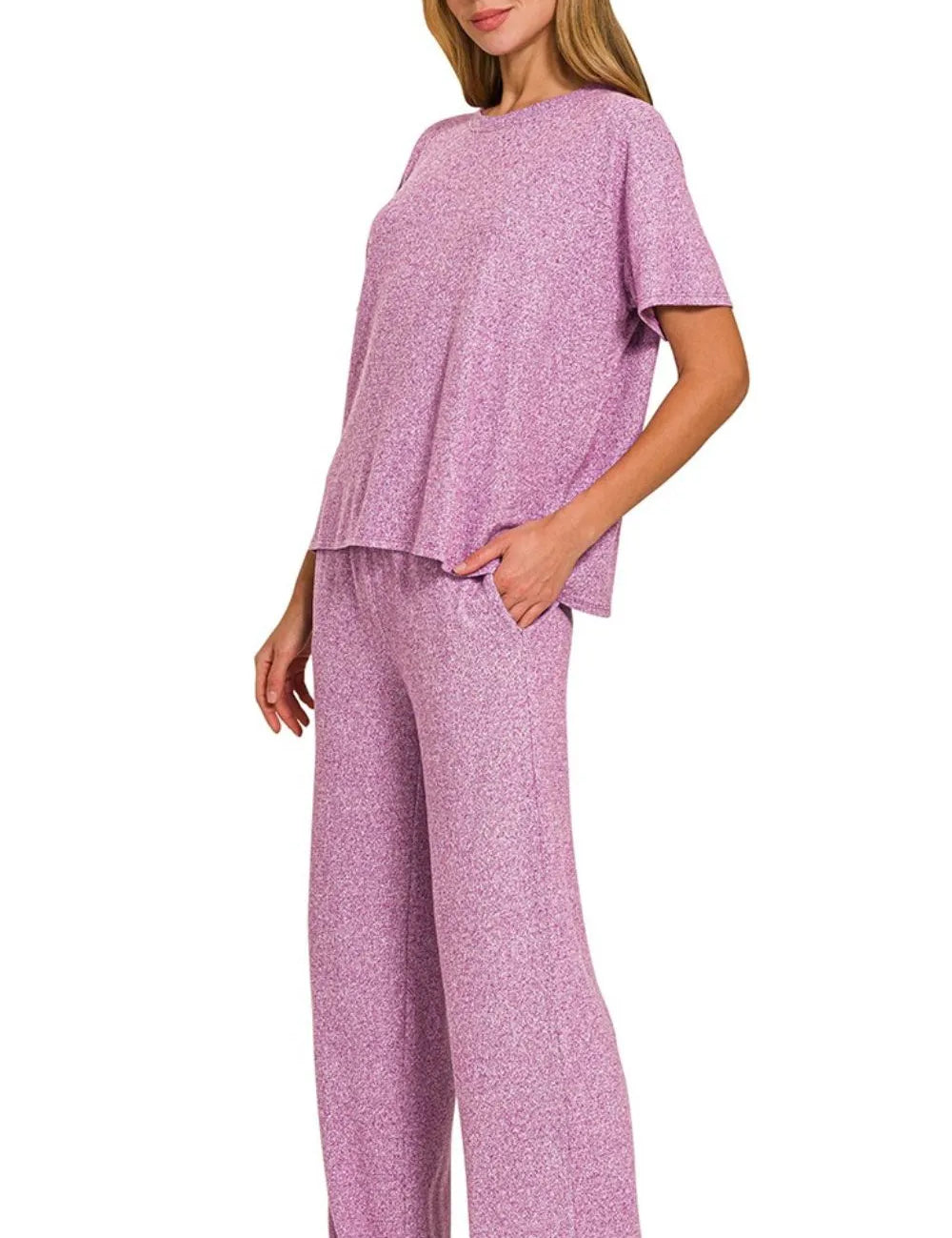 Zenana Soft Melange Short Sleeve Tee & Long Pants Set on Simply Obsessed