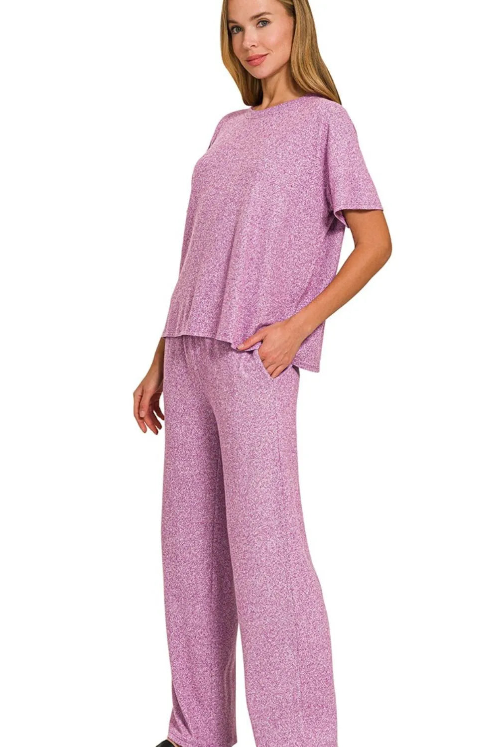 Zenana Soft Melange Short Sleeve Tee & Long Pants Set on Simply Obsessed