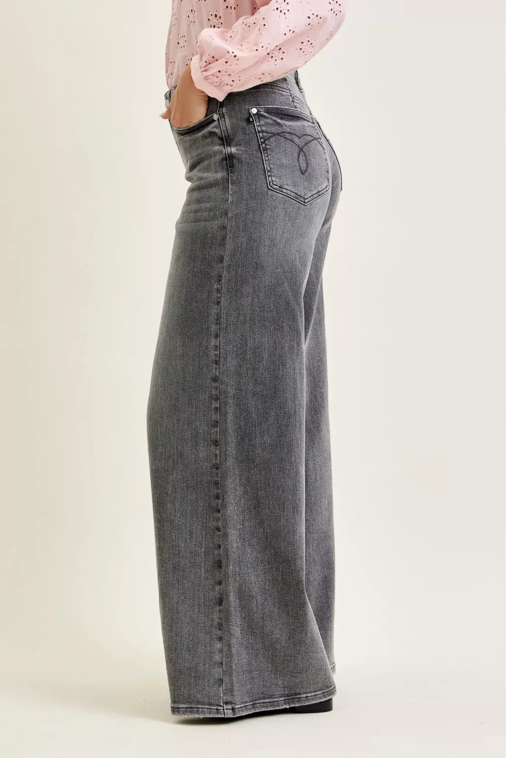 JUDY BLUE Mid Rise Palazzo Split Back Yoke on Simply Obsessed