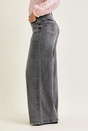 JUDY BLUE Mid Rise Palazzo Split Back Yoke on Simply Obsessed