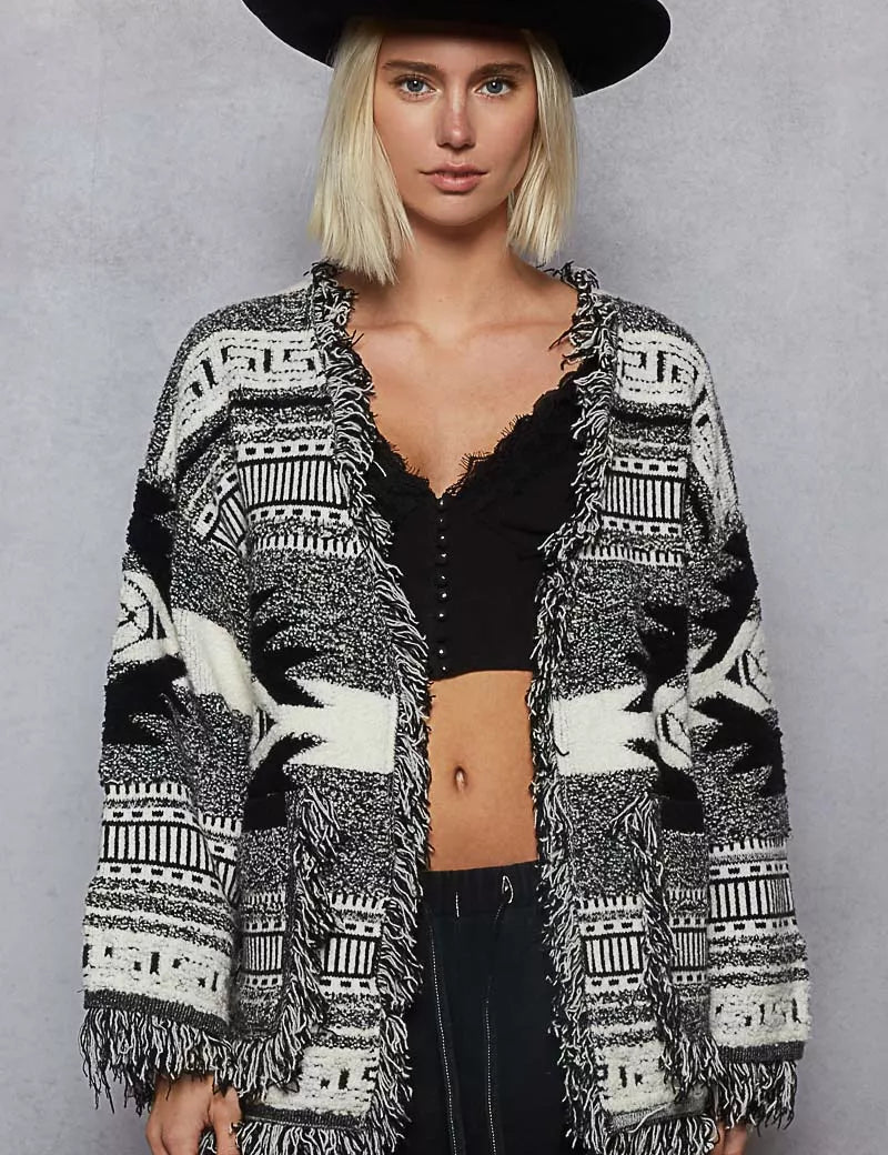 POL Open Front Geometric Print Cardigan with Fringe Detail on Simply Obsessed