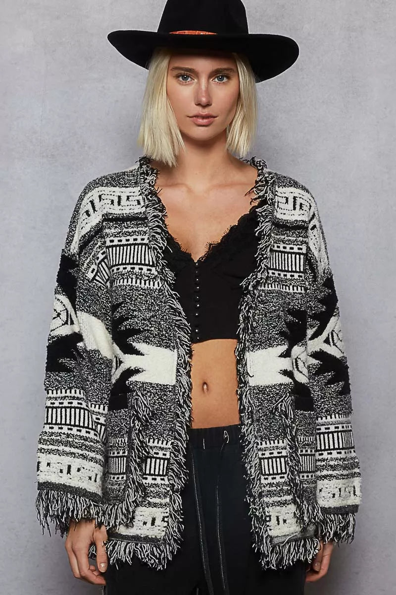 POL Open Front Geometric Print Cardigan with Fringe Detail on Simply Obsessed