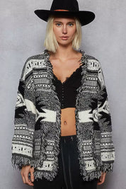 POL Open Front Geometric Print Cardigan with Fringe Detail on Simply Obsessed