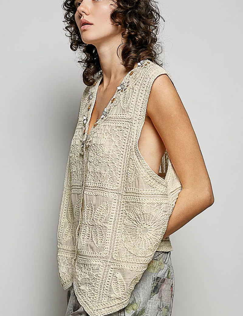 POL Lace Trim Embroidered Floral V-Neck Crochet Vest on Simply Obsessed