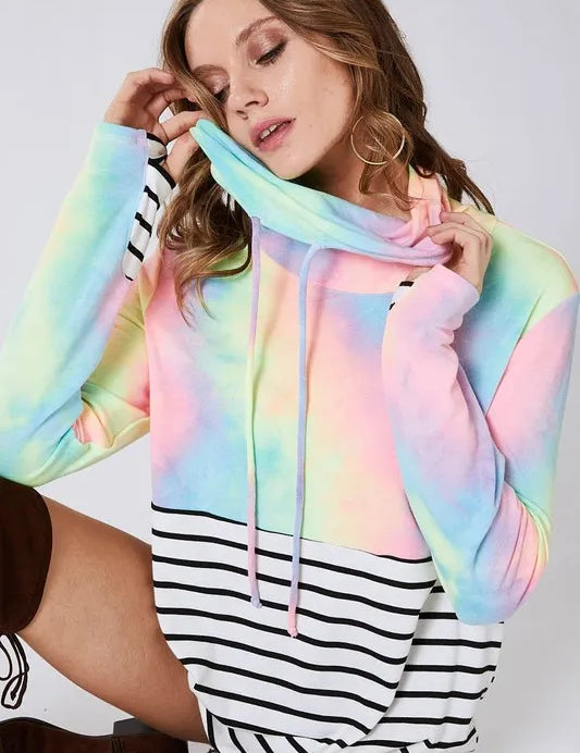 BiBi Tie Dye French Terry Cowl Neck Top on Simply Obsessed