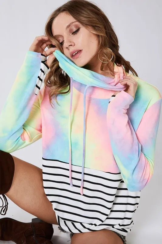 BiBi Tie Dye French Terry Cowl Neck Top on Simply Obsessed