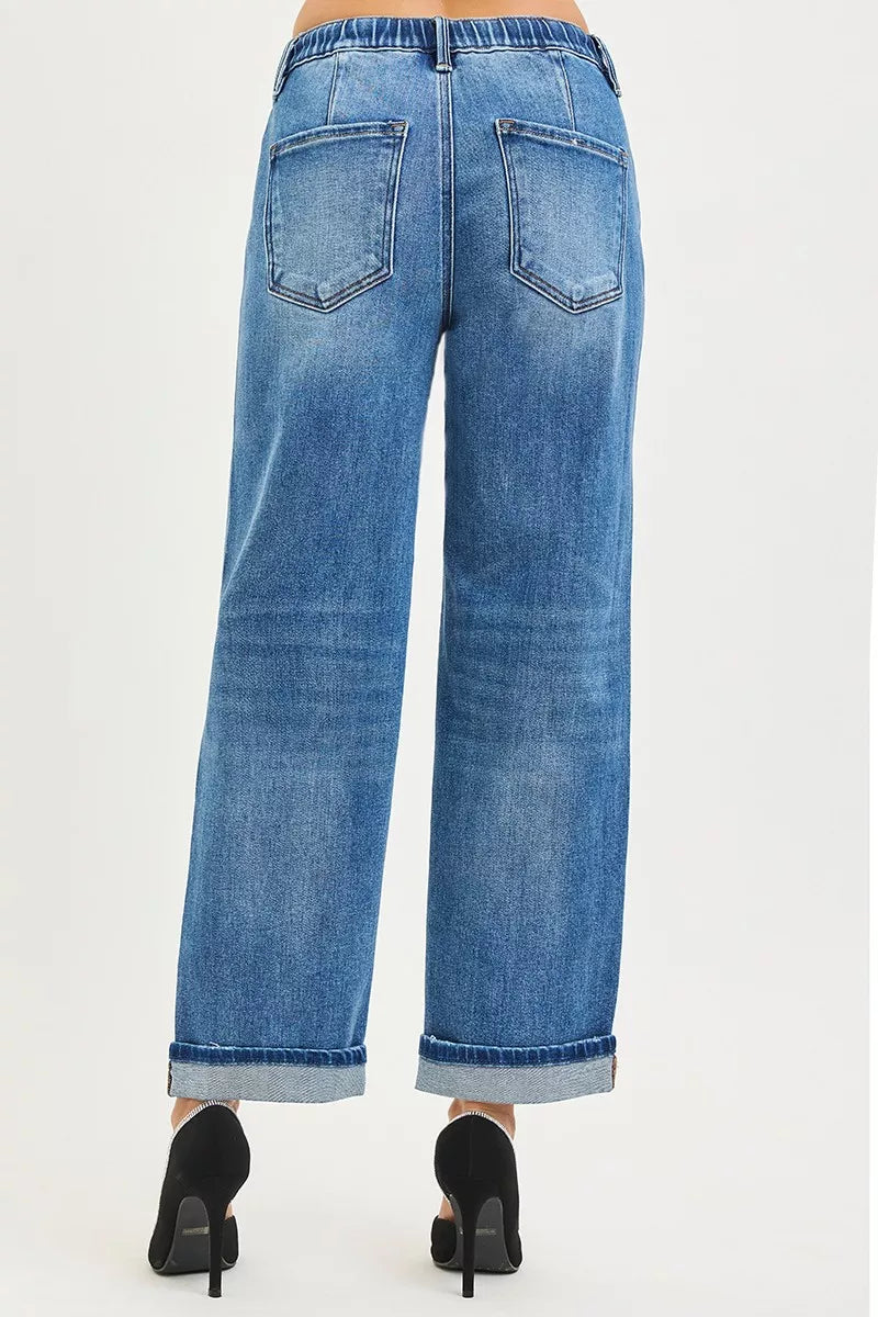 RISEN Elastic Band Slouch Ankle Boyfriend Cuffed Hem Jeans on Simply Obsessed