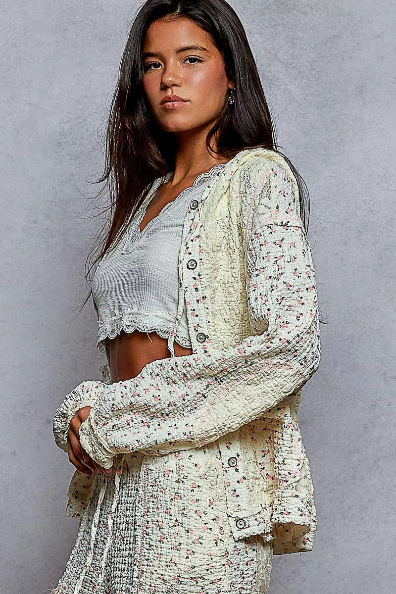POL Floral Balloon Sleeve Hooded Lace Jacket with Stitch Detail on Simply Obsessed