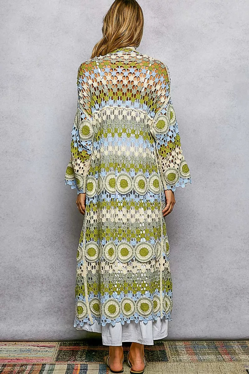 POL Scalloped Edge Open Front Crochet Cardigan with Colorful Stripe Pattern on Simply Obsessed